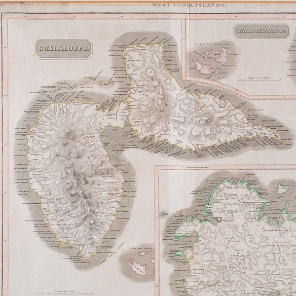Large Antique Caribbean Map, Guadeloupe, Antigua, Scottish, Framed, Georgian