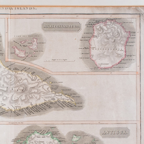 Large Antique Caribbean Map, Guadeloupe, Antigua, Scottish, Framed, Georgian