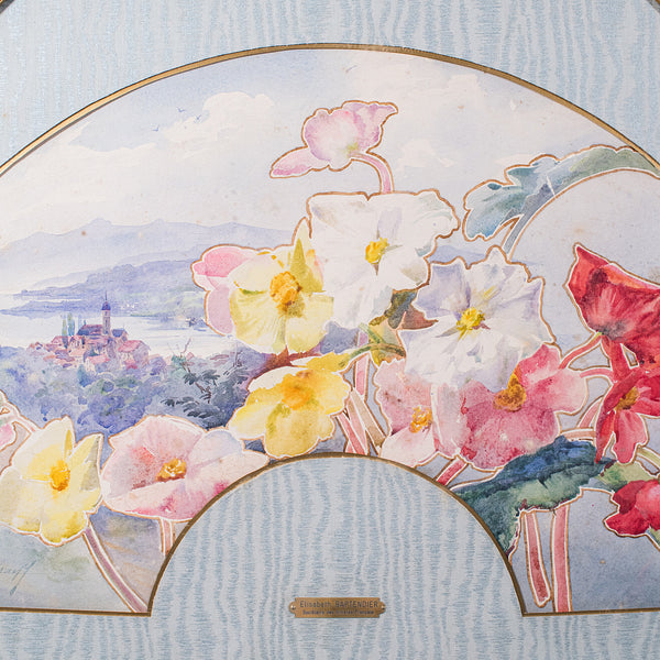 Vintage Projet D'Eventail Picture, French, Watercolour Fan Painting, Baptendier