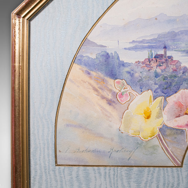 Vintage Projet D'Eventail Picture, French, Watercolour Fan Painting, Baptendier