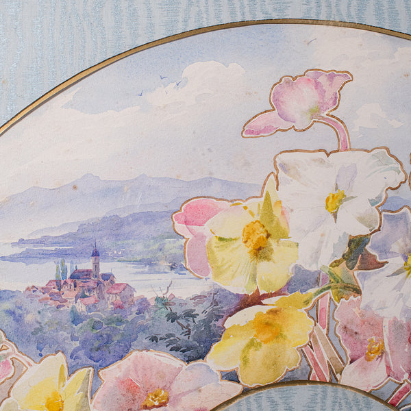Vintage Projet D'Eventail Picture, French, Watercolour Fan Painting, Baptendier