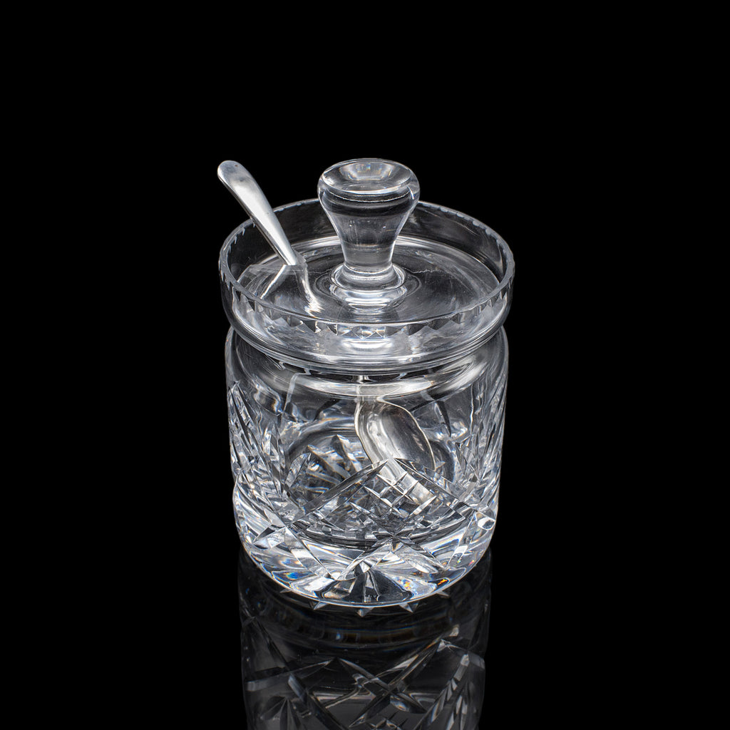 Vintage Jam Jar & Spoon, English Cut Glass Preserve Pot, Condiments, Mid Century