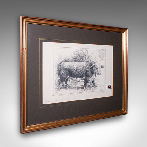 Vintage Hereford Bull Sketch, English, Framed Art, Stamp Proof, Barry Driscoll