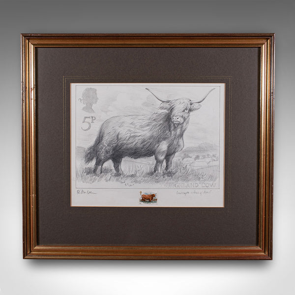 Vintage Highland Cow Artist's Proof, English, Framed, Stamp Art, Barry Driscoll