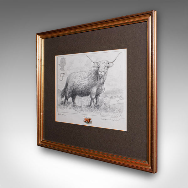 Vintage Highland Cow Artist's Proof, English, Framed, Stamp Art, Barry Driscoll