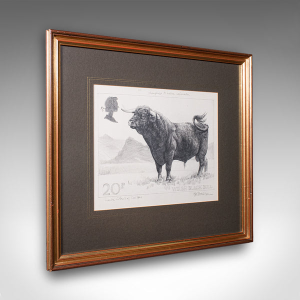 Vintage Stamp Proof Sketch, English, Barry Driscoll, Welsh Black Bull, Framed