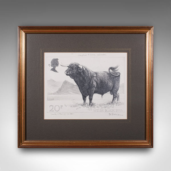 Vintage Stamp Proof Sketch, English, Barry Driscoll, Welsh Black Bull, Framed