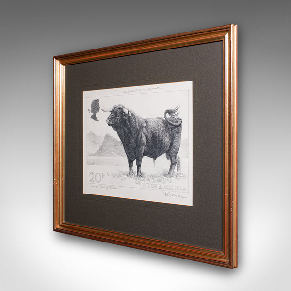 Vintage Stamp Proof Sketch, English, Barry Driscoll, Welsh Black Bull, Framed