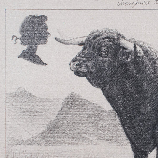 Vintage Stamp Proof Sketch, English, Barry Driscoll, Welsh Black Bull, Framed