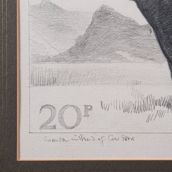 Vintage Stamp Proof Sketch, English, Barry Driscoll, Welsh Black Bull, Framed
