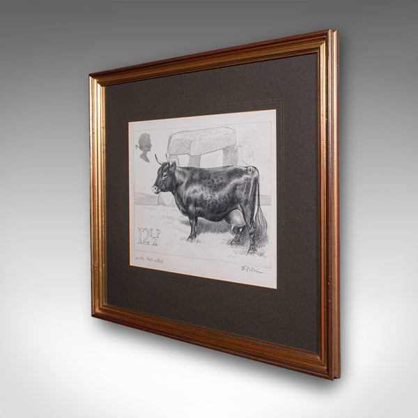 Vintage Irish Dexter Cow Proof, English, Framed Artist's Sketch, Barry Driscoll