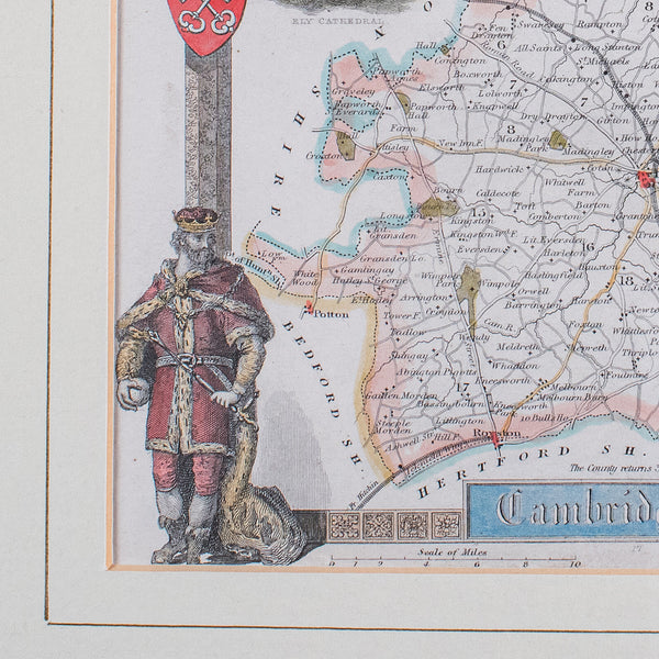Vintage Cambridgeshire County Map, English, Framed, After Thomas Moule, Revival