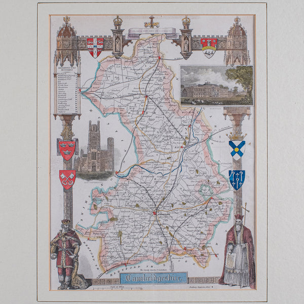 Vintage Cambridgeshire County Map, English, Framed, After Thomas Moule, Revival