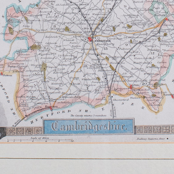 Vintage Cambridgeshire County Map, English, Framed, After Thomas Moule, Revival