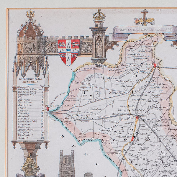 Vintage Cambridgeshire County Map, English, Framed, After Thomas Moule, Revival
