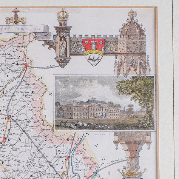 Vintage Cambridgeshire County Map, English, Framed, After Thomas Moule, Revival