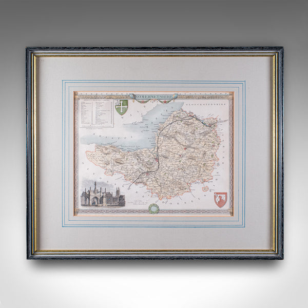 Vintage Somerset County Map, English, Framed Cartography, After Thomas Moule