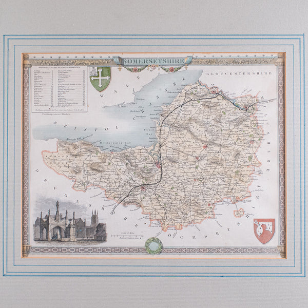 Vintage Somerset County Map, English, Framed Cartography, After Thomas Moule