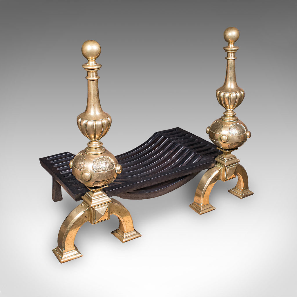 Grand Antique Fireplace Set, English Iron Fire Basket, Brass Andirons, Victorian