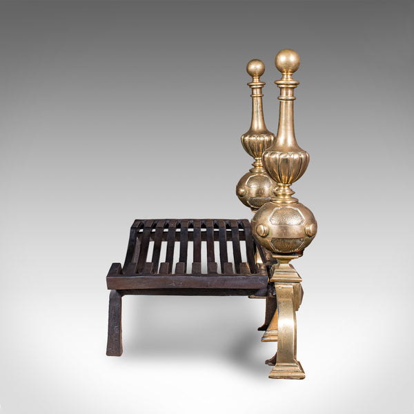 Grand Antique Fireplace Set, English Iron Fire Basket, Brass Andirons, Victorian