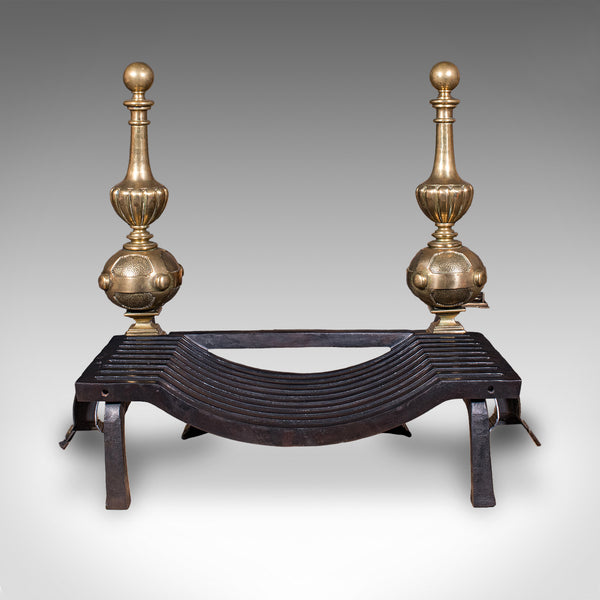 Grand Antique Fireplace Set, English Iron Fire Basket, Brass Andirons, Victorian