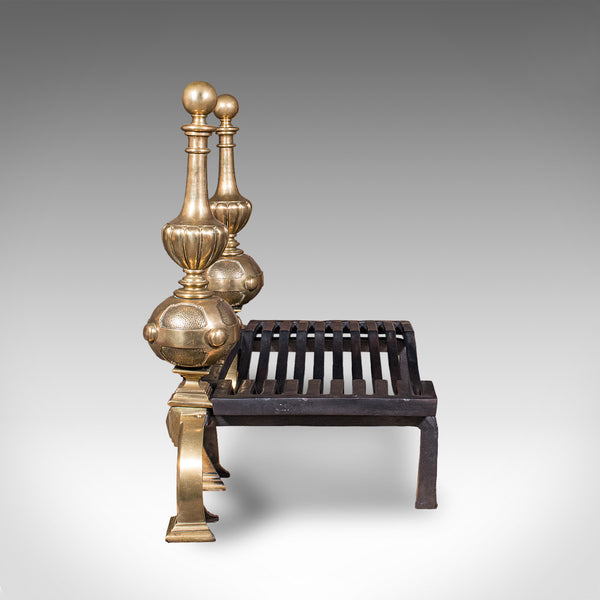 Grand Antique Fireplace Set, English Iron Fire Basket, Brass Andirons, Victorian