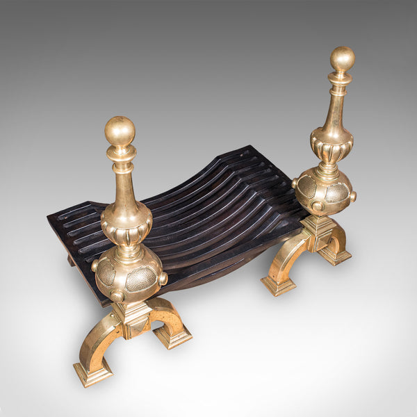 Grand Antique Fireplace Set, English Iron Fire Basket, Brass Andirons, Victorian