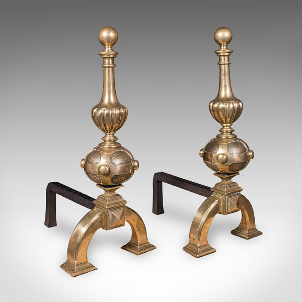 Grand Antique Fireplace Set, English Iron Fire Basket, Brass Andirons, Victorian