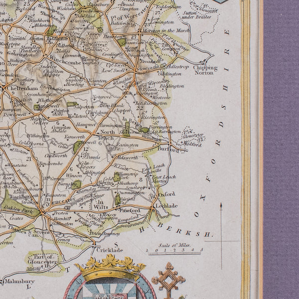 Antique County Map, Gloucestershire, English, Framed, Thomas Moule, Victorian