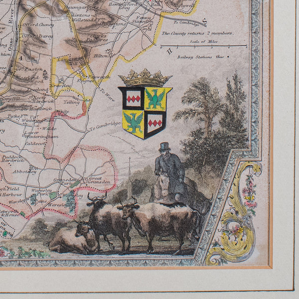 Antique County Map, Huntingdonshire, English, Framed, Moule, Atlas, Victorian