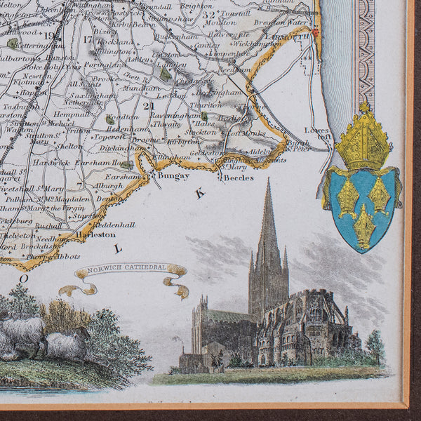 Vintage Norfolk County Map, English, Framed, Cartography, After Thomas Moule