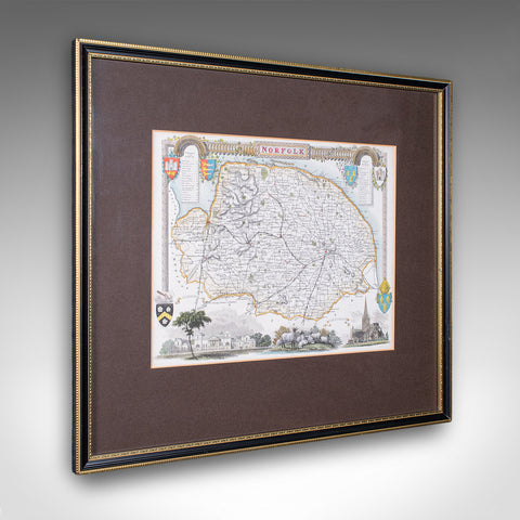 Vintage Norfolk County Map, English, Framed, Cartography, After Thomas Moule