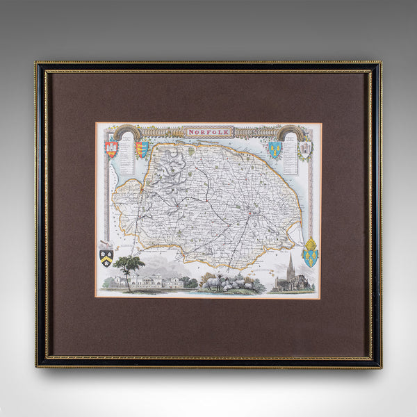 Vintage Norfolk County Map, English, Framed, Cartography, After Thomas Moule
