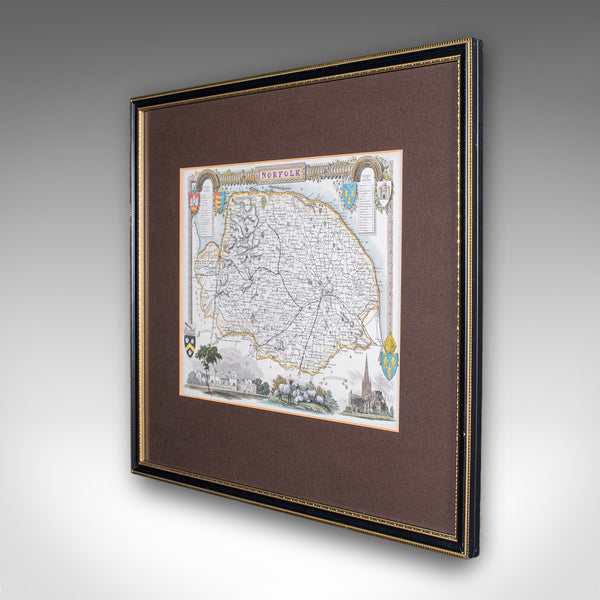 Vintage Norfolk County Map, English, Framed, Cartography, After Thomas Moule