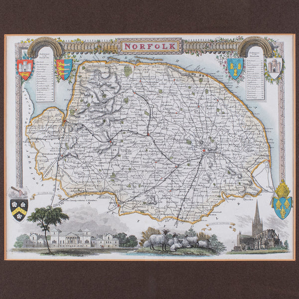 Vintage Norfolk County Map, English, Framed, Cartography, After Thomas Moule