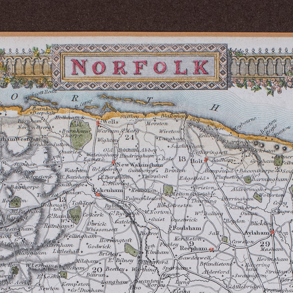 Vintage Norfolk County Map, English, Framed, Cartography, After Thomas Moule