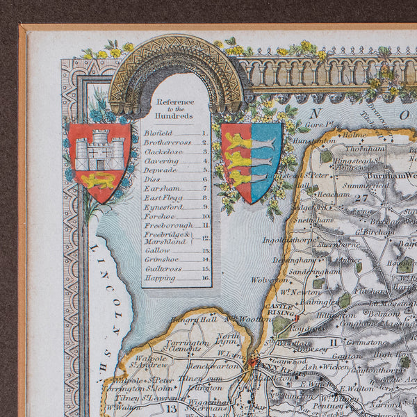 Vintage Norfolk County Map, English, Framed, Cartography, After Thomas Moule