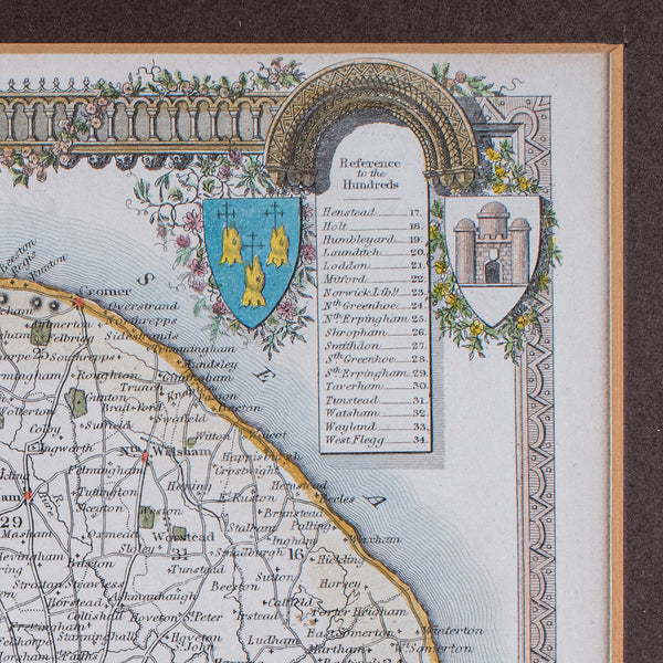 Vintage Norfolk County Map, English, Framed, Cartography, After Thomas Moule