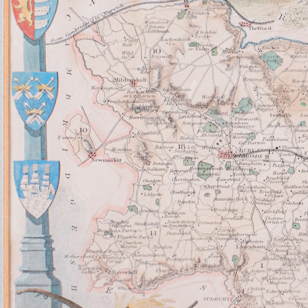 Vintage County Map, Suffolk, English, Framed, Cartography, After Thomas Moule