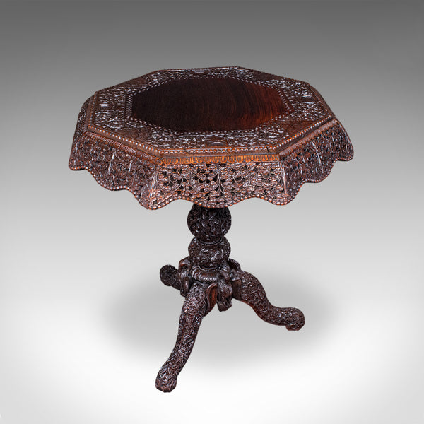 Antique Carved Tea Table, Burmese, Teak, Octagonal, Lamp, Side, Victorian, 1860