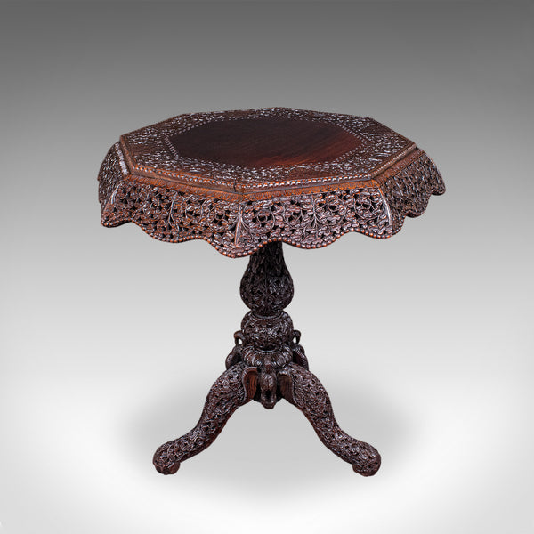 Antique Carved Tea Table, Burmese, Teak, Octagonal, Lamp, Side, Victorian, 1860