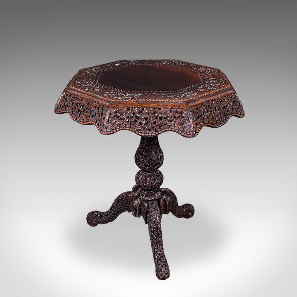 Antique Carved Tea Table, Burmese, Teak, Octagonal, Lamp, Side, Victorian, 1860