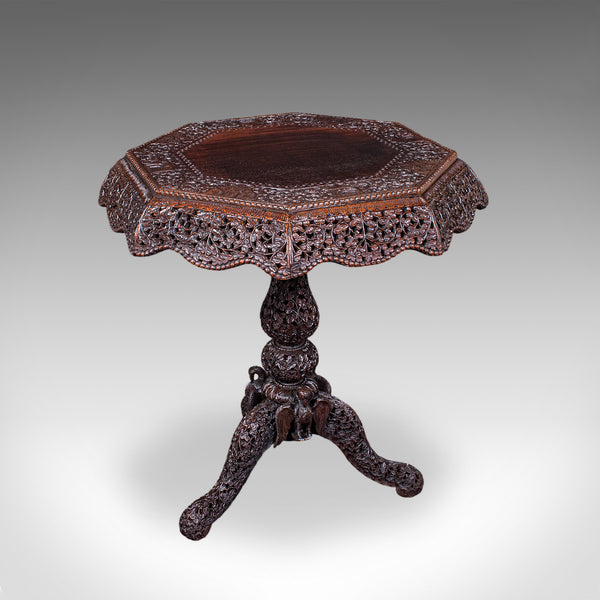 Antique Carved Tea Table, Burmese, Teak, Octagonal, Lamp, Side, Victorian, 1860
