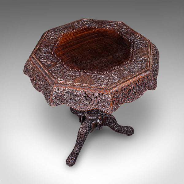 Antique Carved Tea Table, Burmese, Teak, Octagonal, Lamp, Side, Victorian, 1860