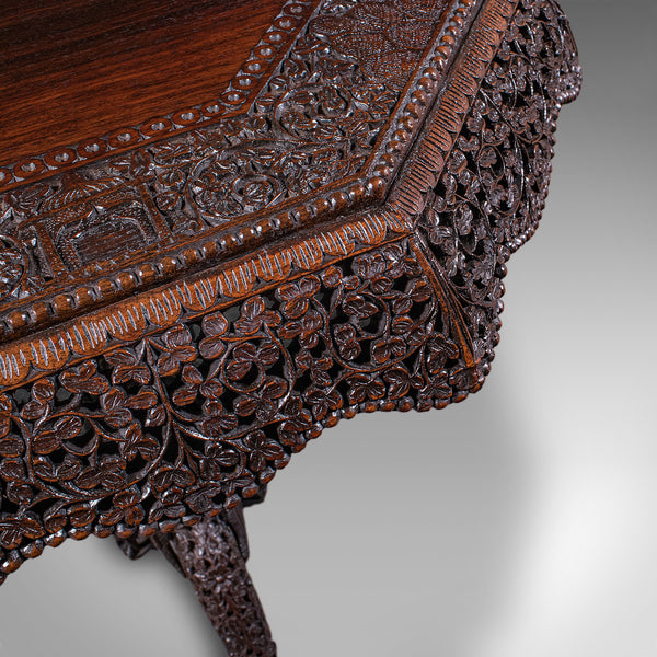 Antique Carved Tea Table, Burmese, Teak, Octagonal, Lamp, Side, Victorian, 1860