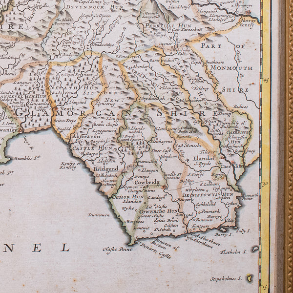 Antique South Wales Map, English, Framed, Robert Morden Cartography, Circa 1720