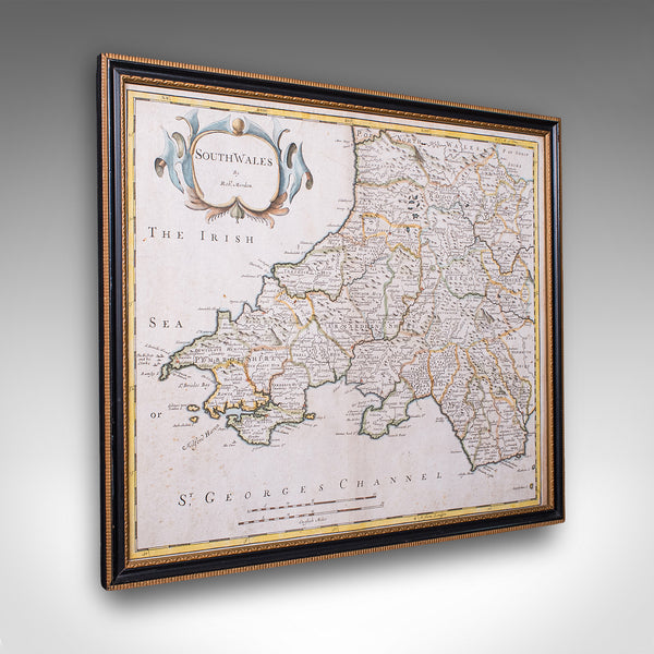 Antique South Wales Map, English, Framed, Robert Morden Cartography, Circa 1720