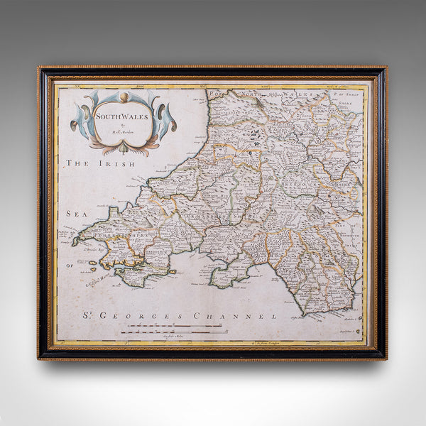 Antique South Wales Map, English, Framed, Robert Morden Cartography, Circa 1720