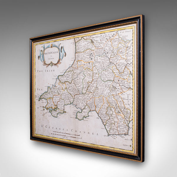 Antique South Wales Map, English, Framed, Robert Morden Cartography, Circa 1720