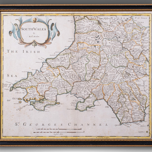 Antique South Wales Map, English, Framed, Robert Morden Cartography, Circa 1720